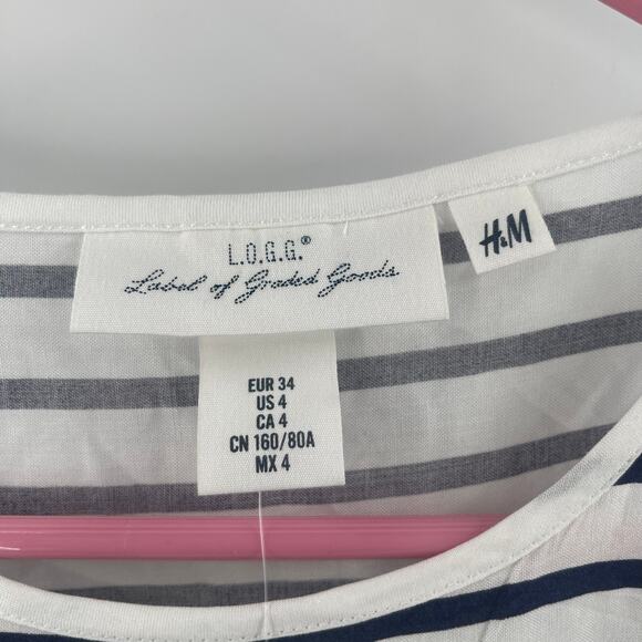 H&M L.O.GG Shirt Size 4 Women's Short Sleeve Stripes Nautical Navy White NWT - Picture 4 of 9